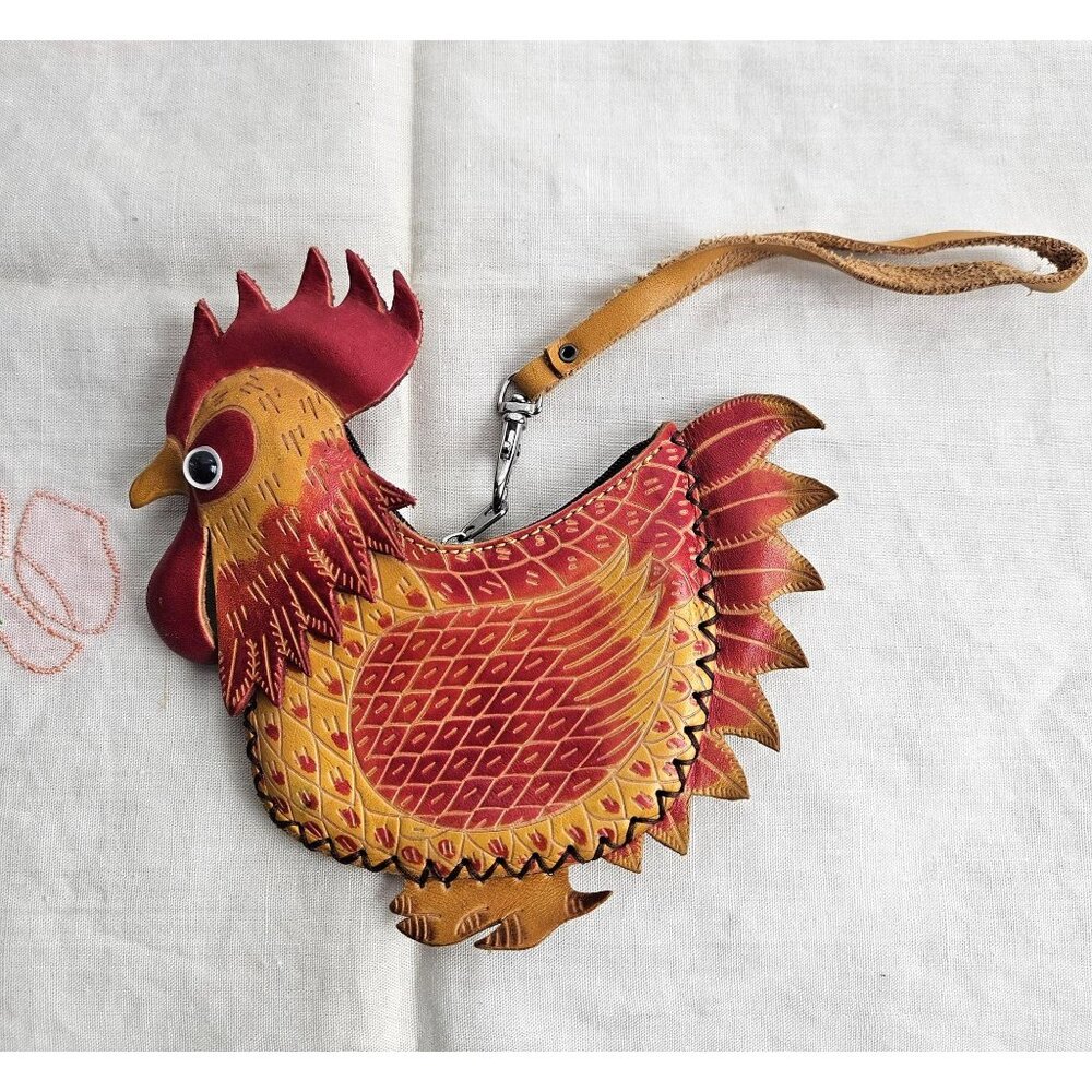 Vintage Leather Rooster Chicken Coin Purse Wristlet Wallet Red & Yellow